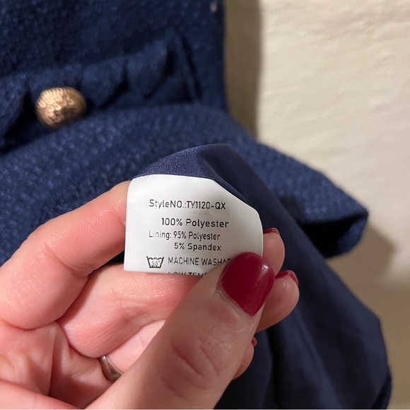 Navy Blue Tweed Jackie Dress Short Sleeve Gold Button Knee Length Braided Trim M - Picture 8 of 10